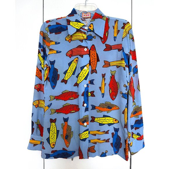 NWT LHD Star Island Blouse Shirt Silk Blue Corsican Trout Print Fish Colorful 4 - Picture 4 of 12
